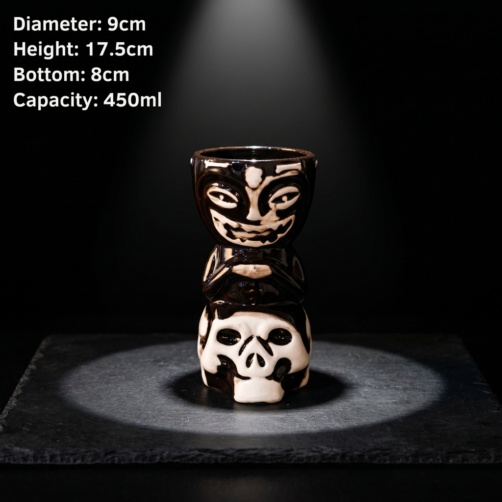 Skull tiki mug; black ceramic with white skull face, 450ml capacity