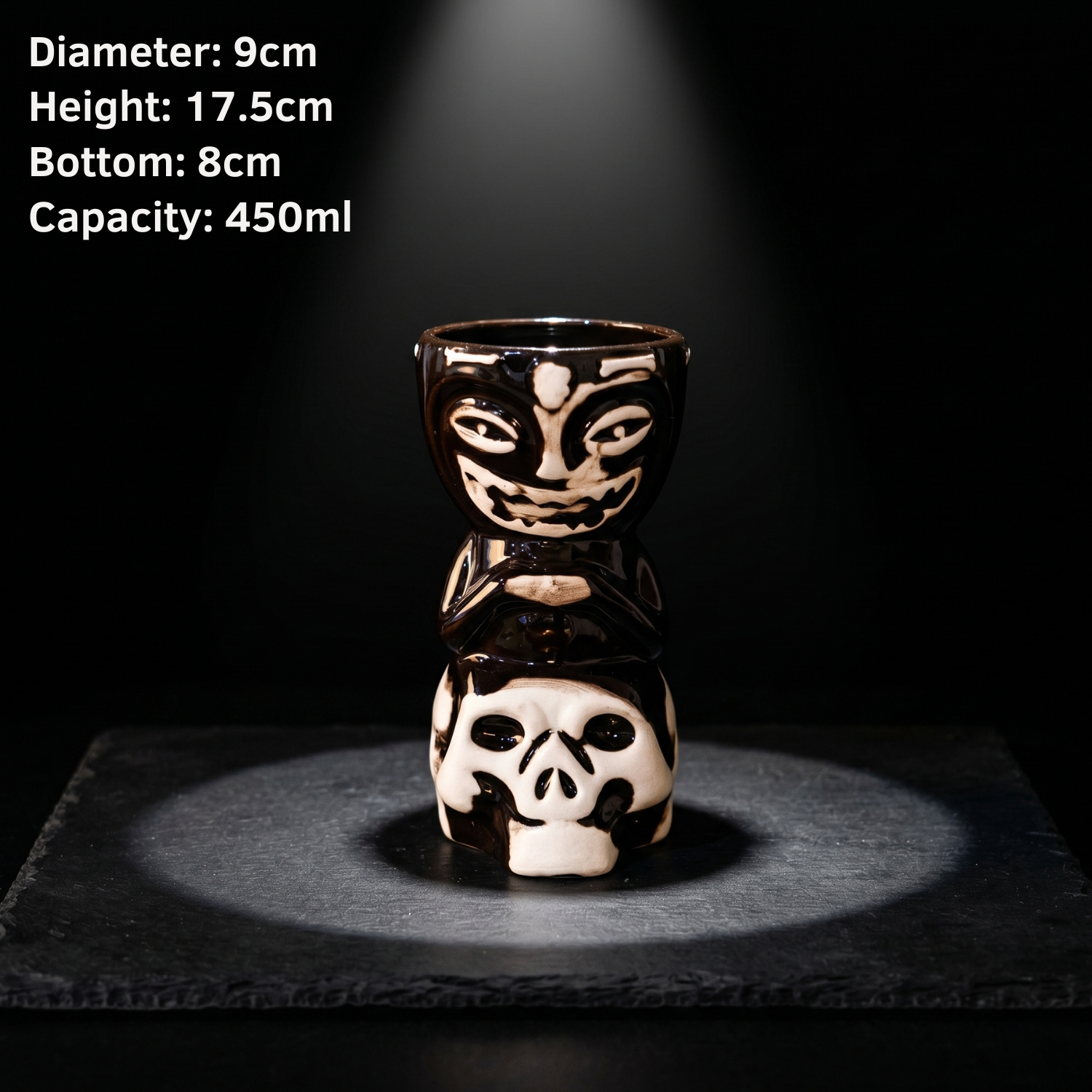 Skull tiki mug; black ceramic with white skull face, 450ml capacity