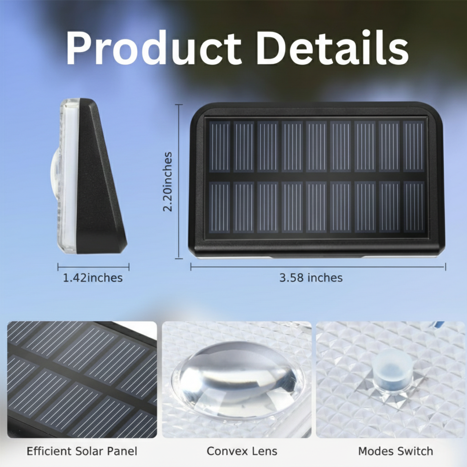Solar fence light details: solar panel, convex lens, modes switch