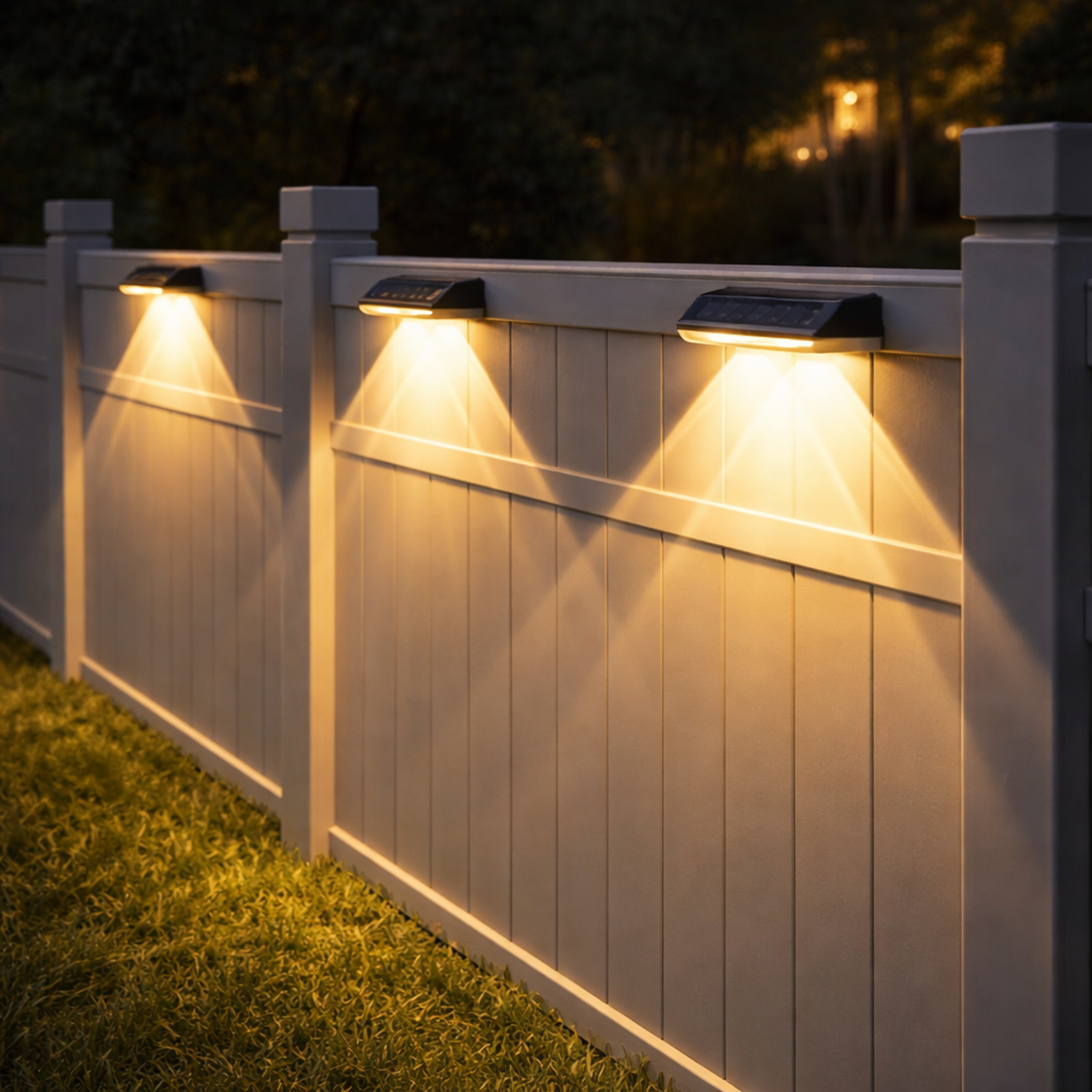 Solar fence lights outdoor: warm white glow on gray fence top lights