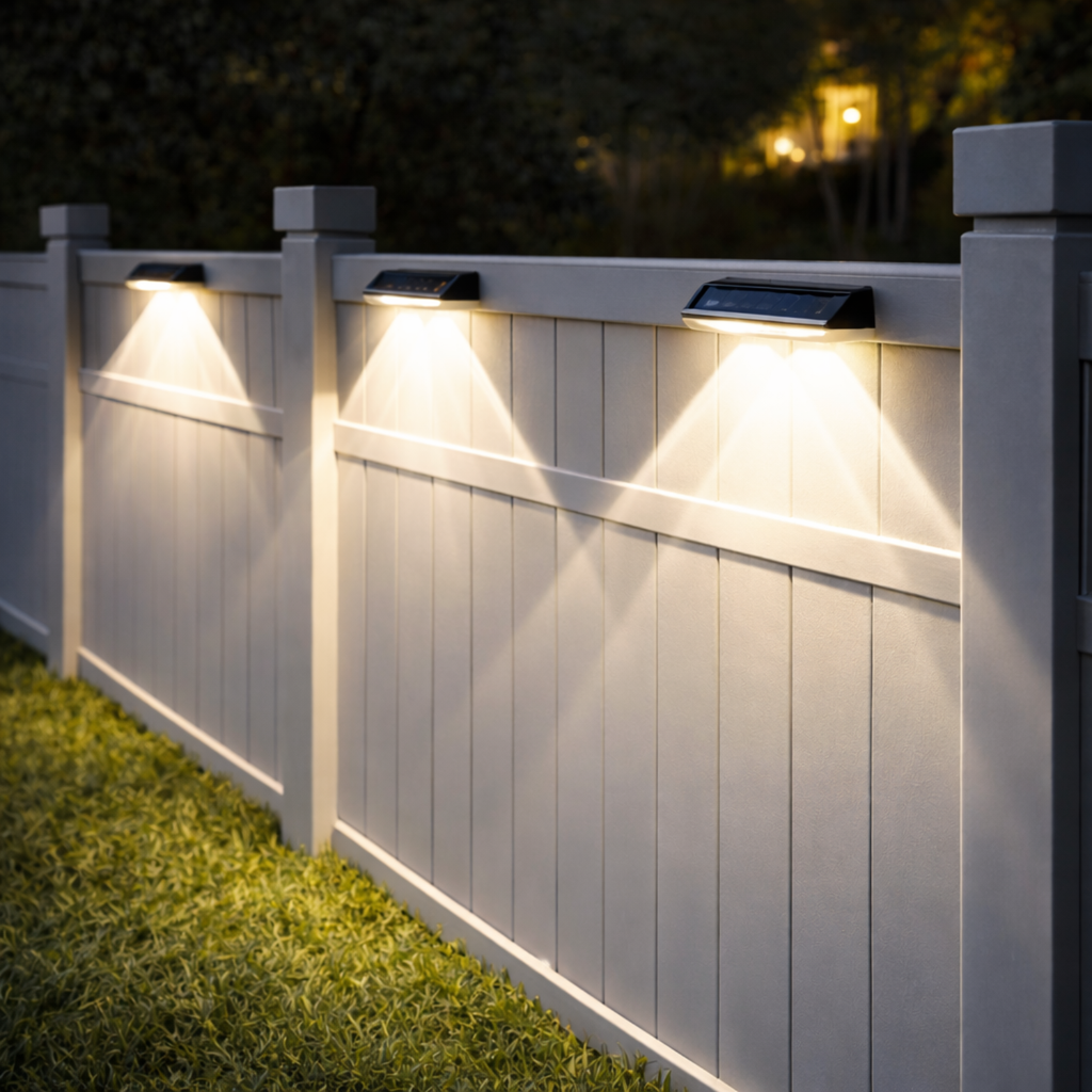 Solar fence lights outdoor: warm white light bars along the fence top