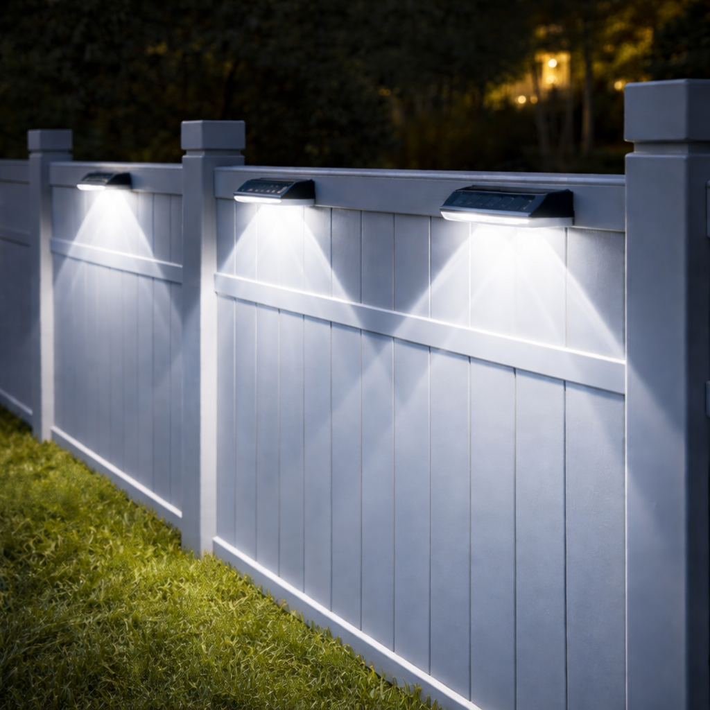 Solar fence lights outdoor: bright cool/neutral white illumination on gray fence