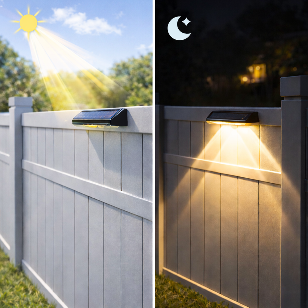 Solar fence lights outdoor: solar-powered lights glowing on fence posts