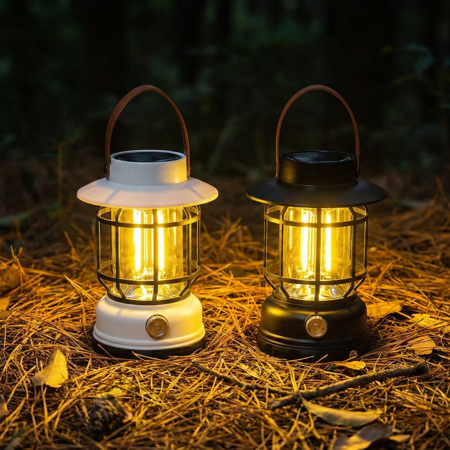 Solar outdoor hanging lanterns in Obsidian Black and Twilight White, set of 2