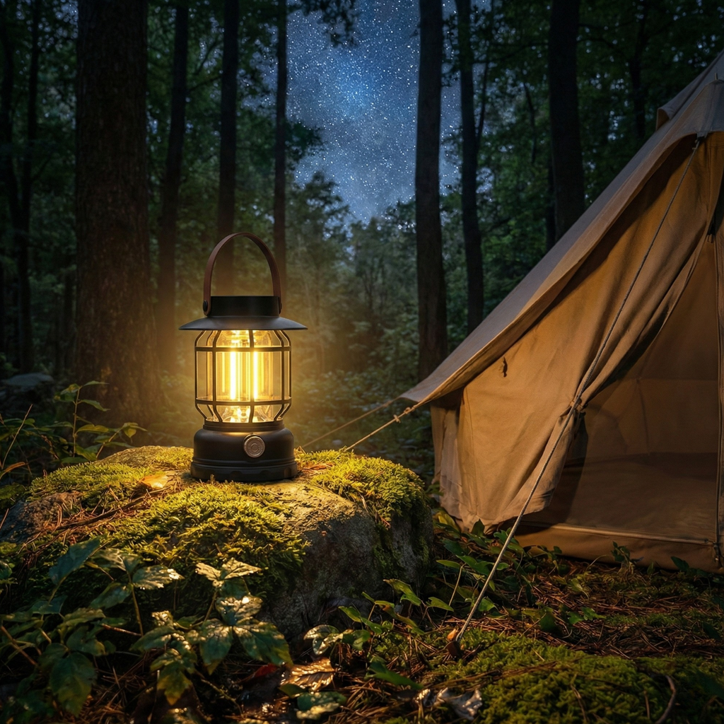 Obsidian Black solar camping lantern on a tree stump with warm glow