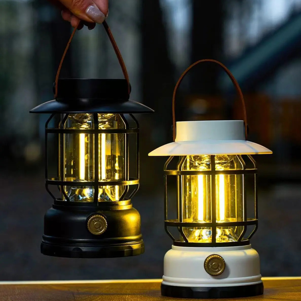 Solar outdoor lantern pair: Obsidian Black and Twilight White, side by side