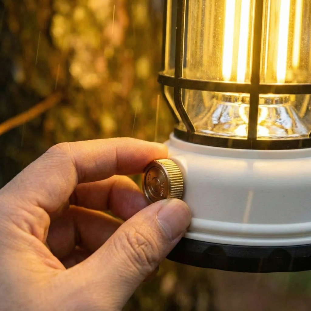 Twilight White solar lantern close-up with control dial on the base