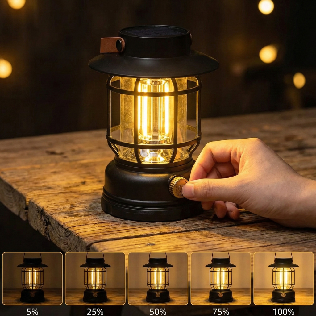 Obsidian Black solar lantern on wood, hand turning the brightness dial