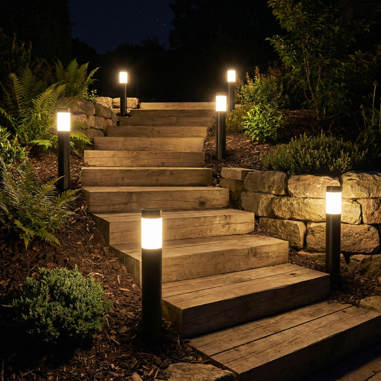 Solar garden bollard path light with black post and warm LED glow