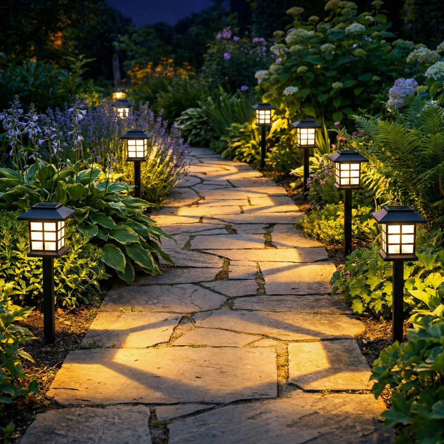 Solar garden path light, warm white Japanese lantern style on a black stake