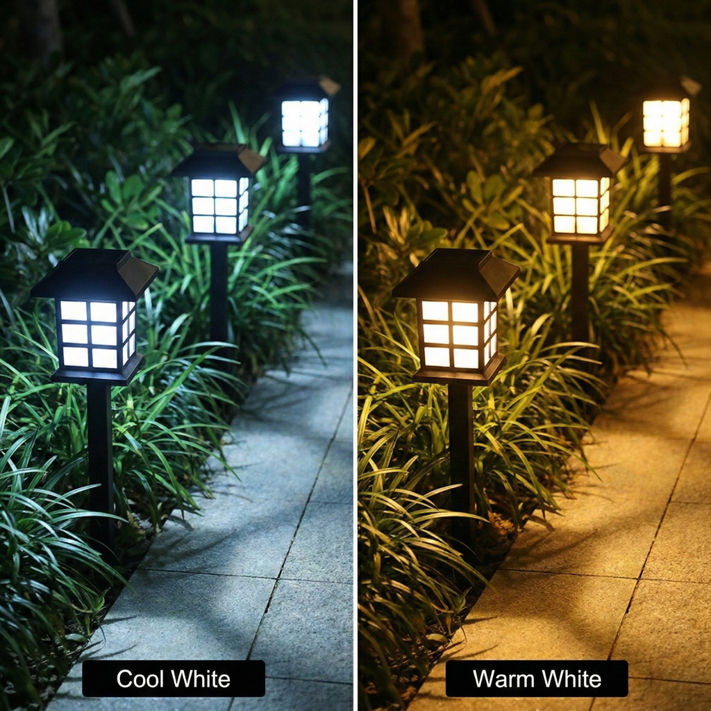 Japanese garden lantern path light: cool white vs warm white glow (split view)