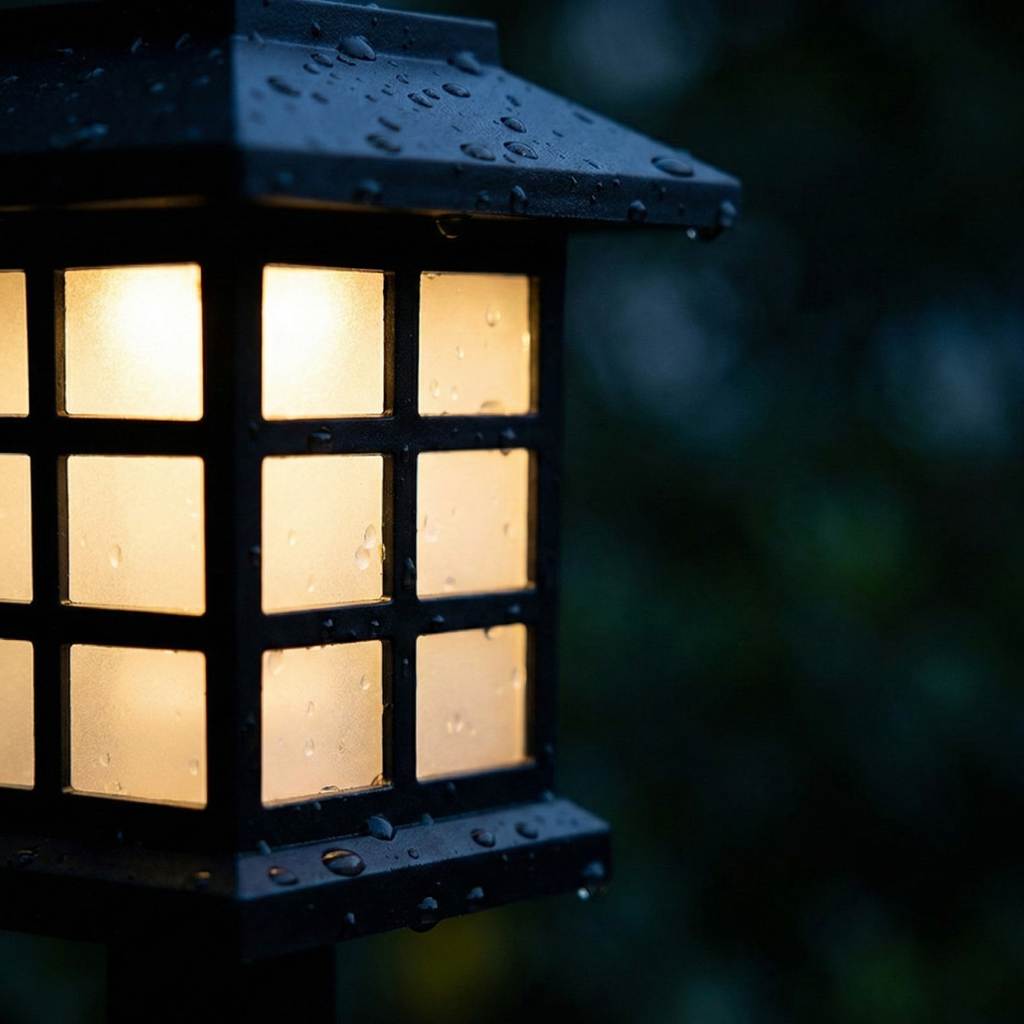 Waterproof Japanese lantern light with raindrops on the glowing frosted panel