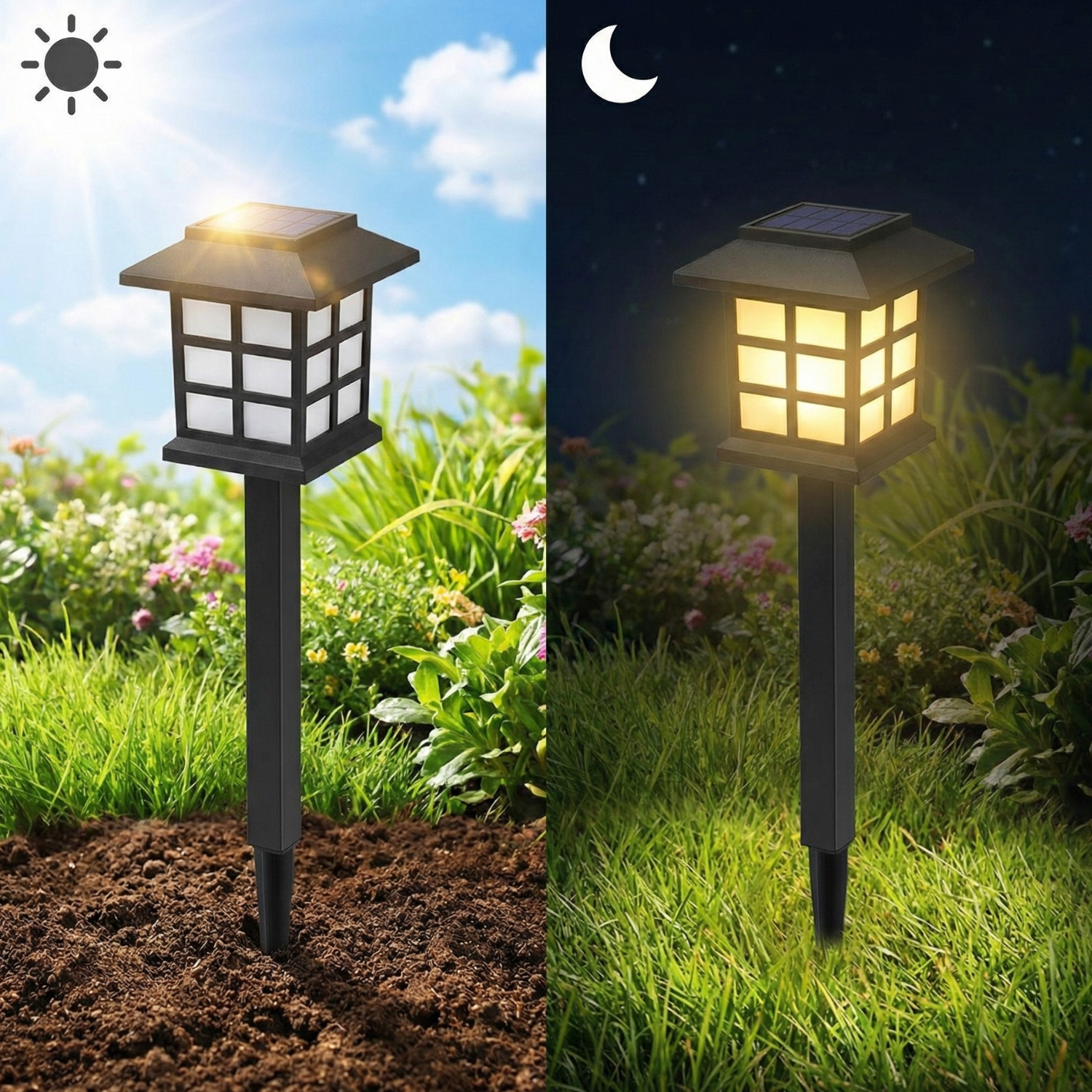 Solar lantern path light on stake with sun and moon icons for warm/cool LEDs