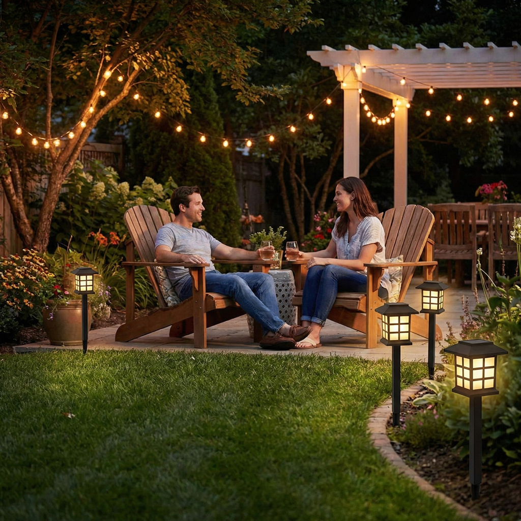 Sun Lake Supply Japanese lantern path lights with warm white glow on black stakes