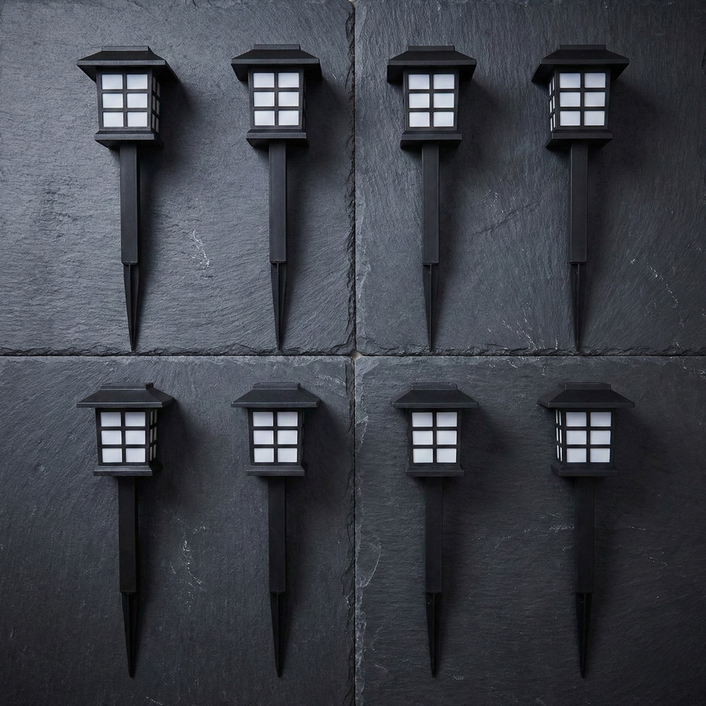 Set of 8 solar Japanese lantern path lights with frosted panels and dark stakes