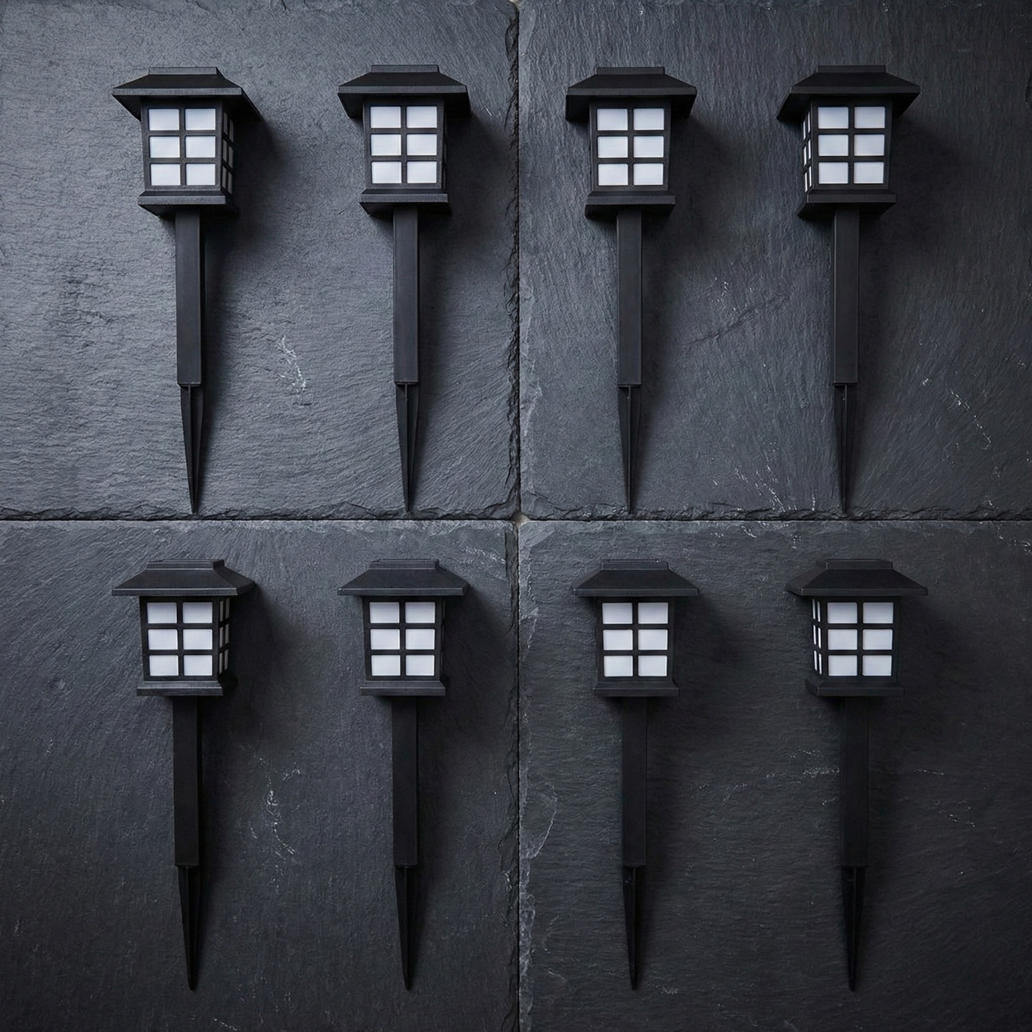 Set of 8 solar Japanese lantern path lights with frosted panels and dark stakes