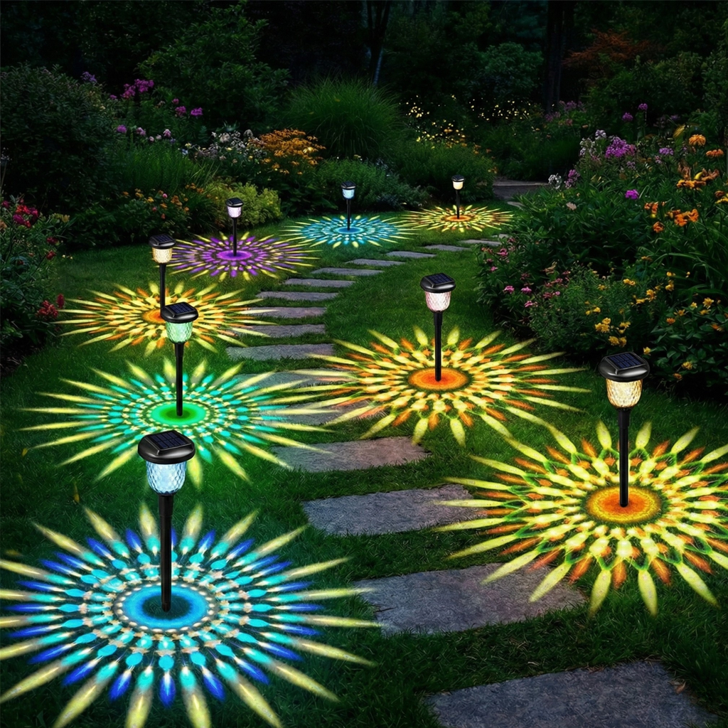 Solar pathway lights set, color-changing geometric projector stakes (4ct)