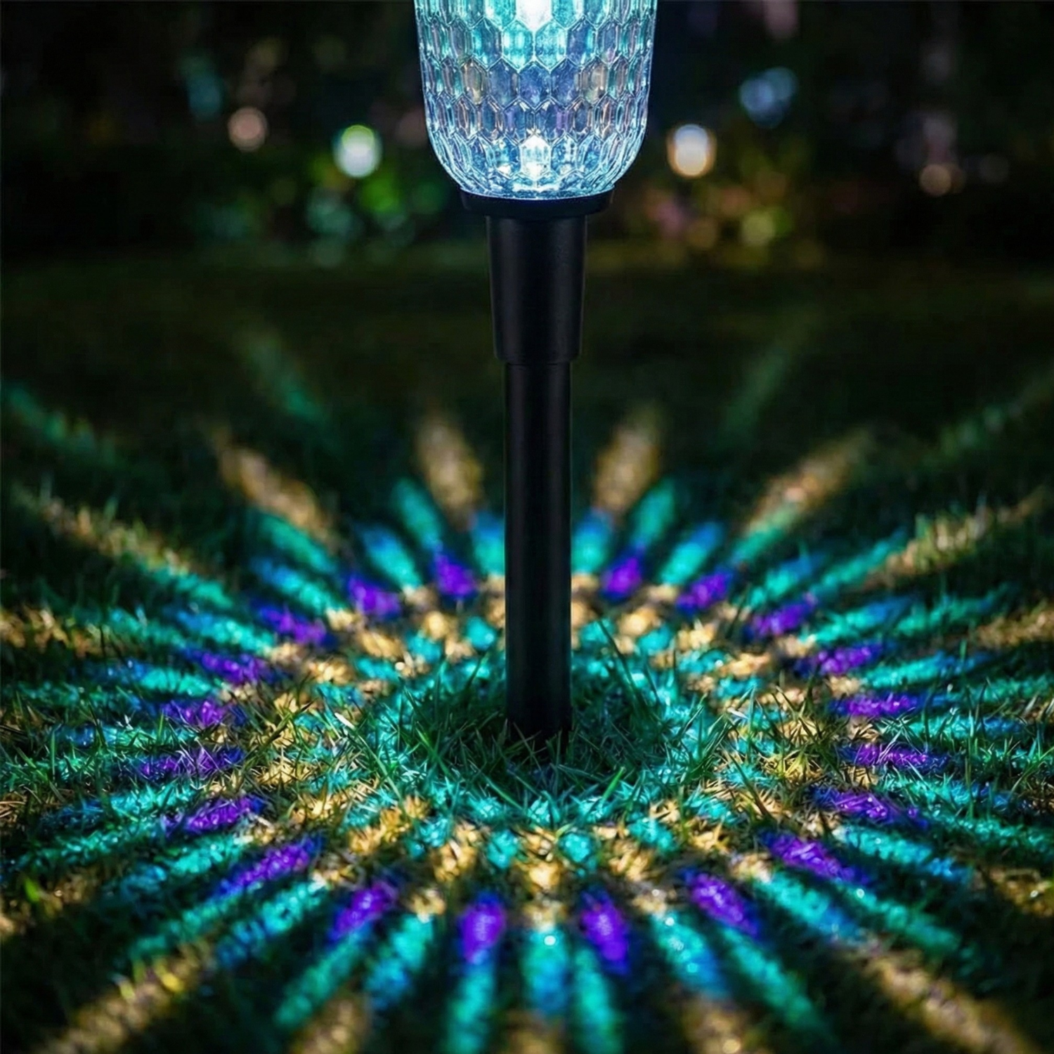 Solar stake light with geometric projector, cool blue light effect (1ct)