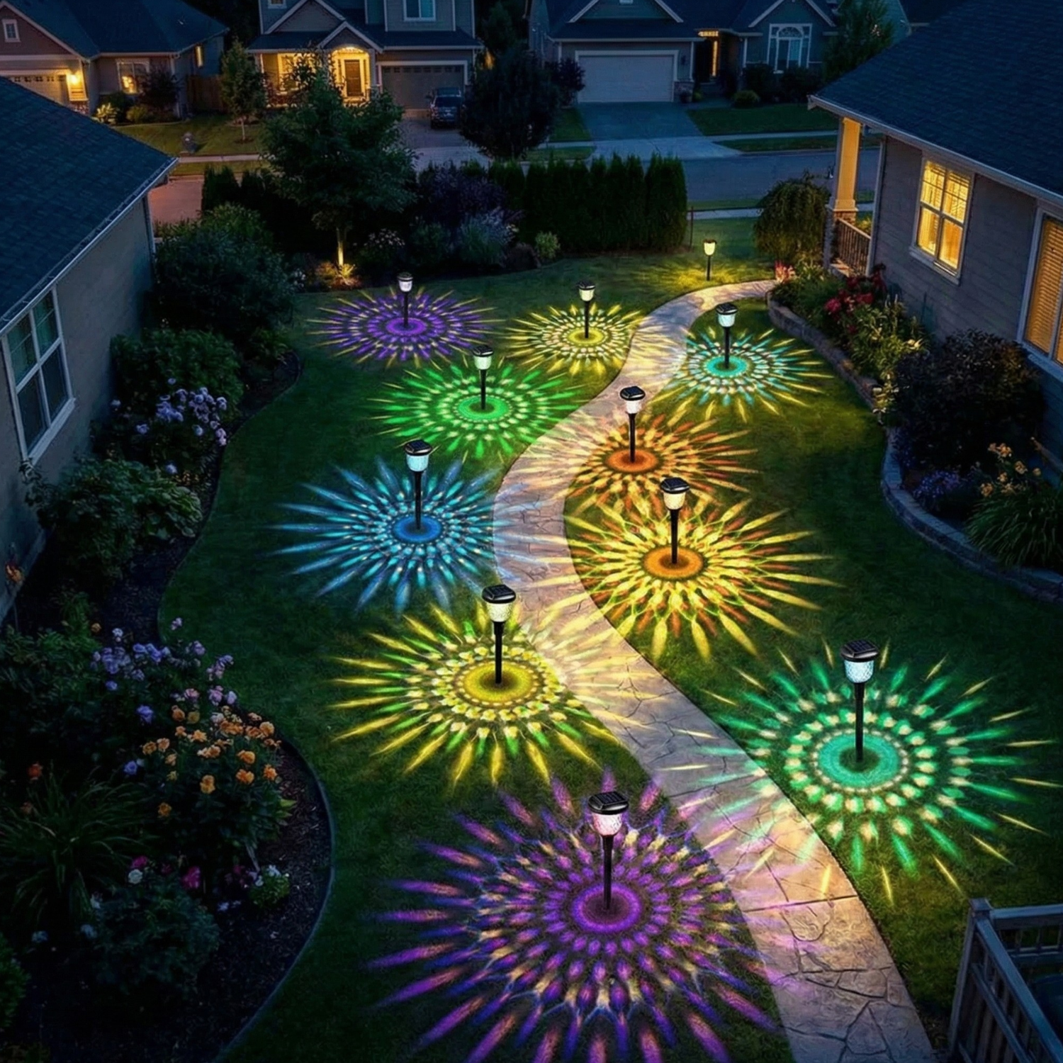 Solar garden pathway lights in a walkway, colorful geometric projector stakes (4ct)