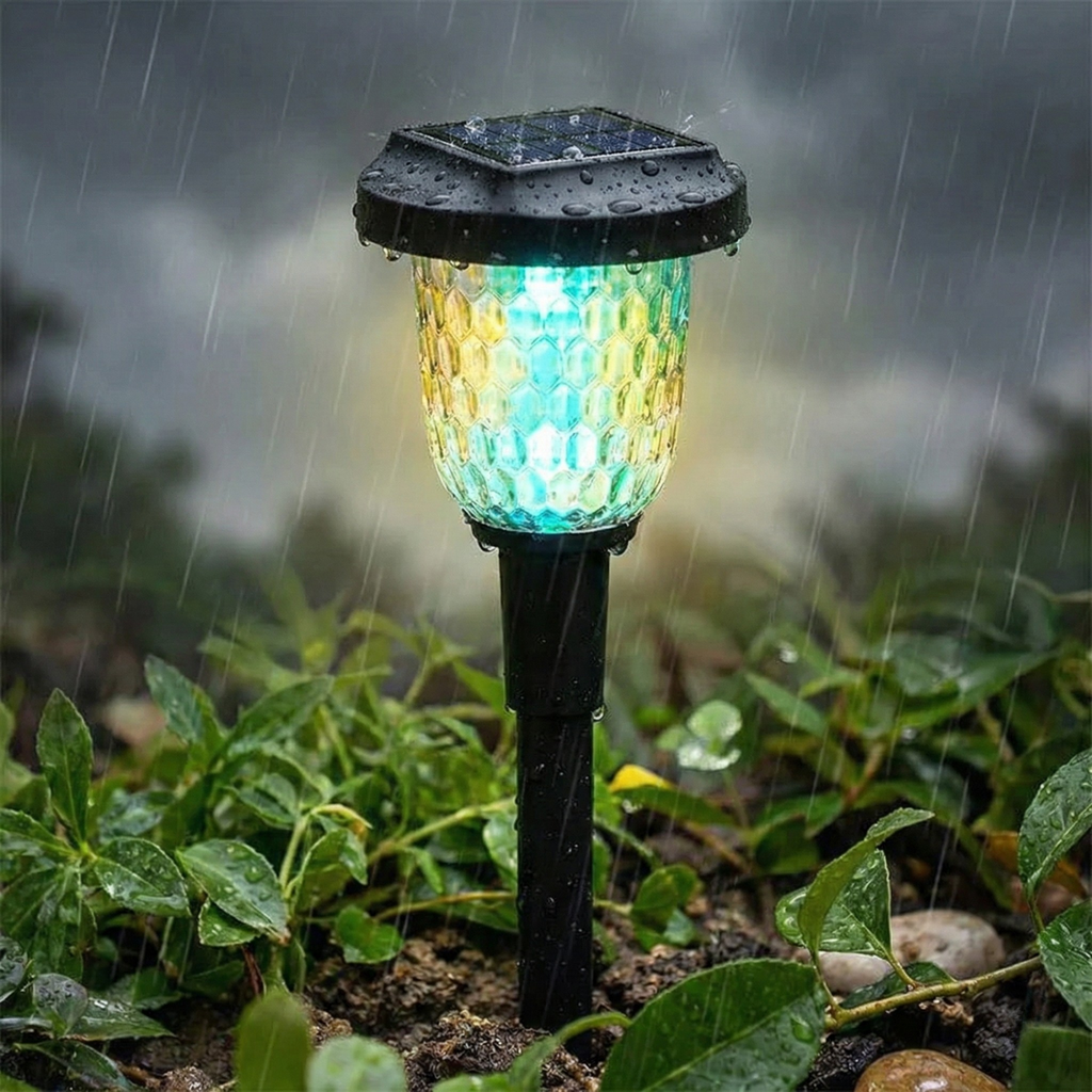 Waterproof solar stake light with glowing geometric projector lens (1ct)