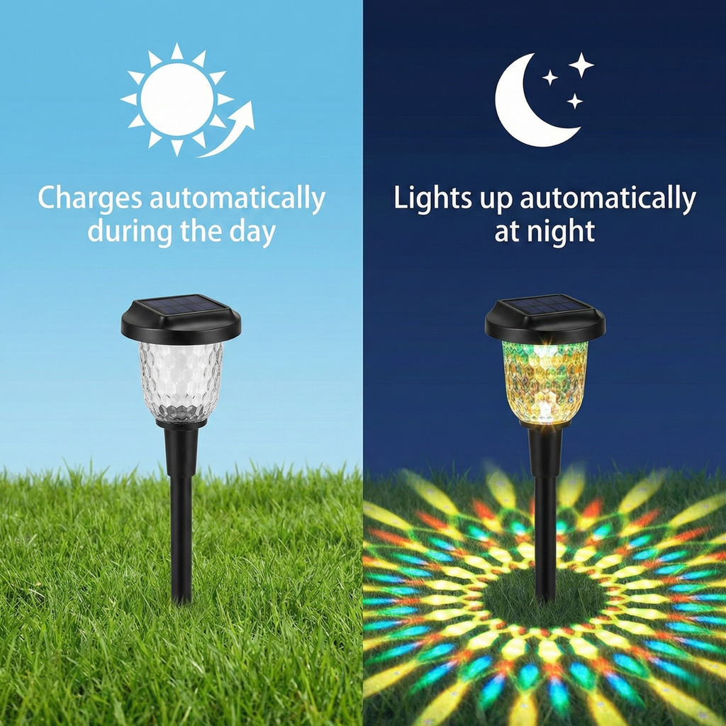 Solar stake light pair showing clear lens and glowing projector (2ct)