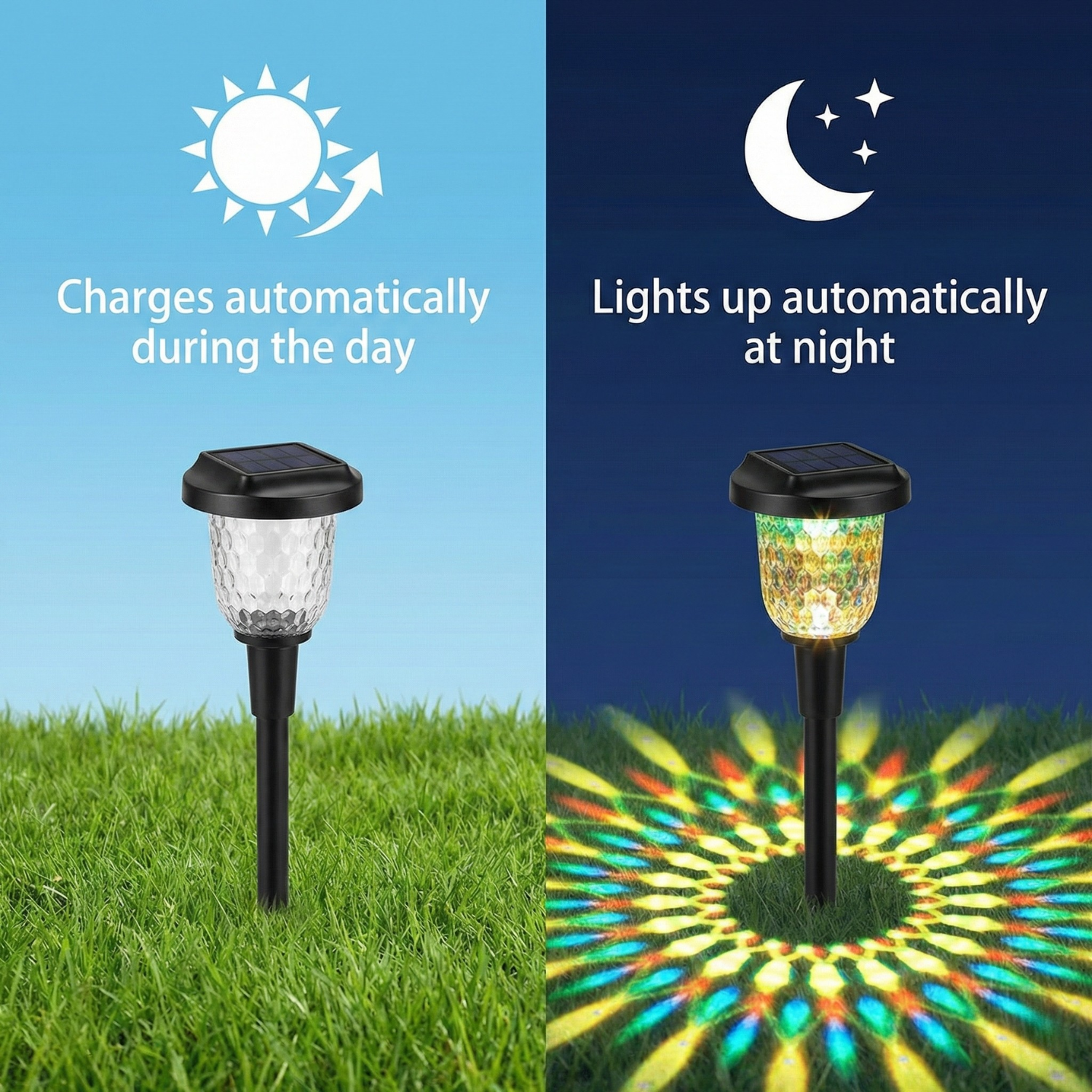 Solar stake light pair showing clear lens and glowing projector (2ct)