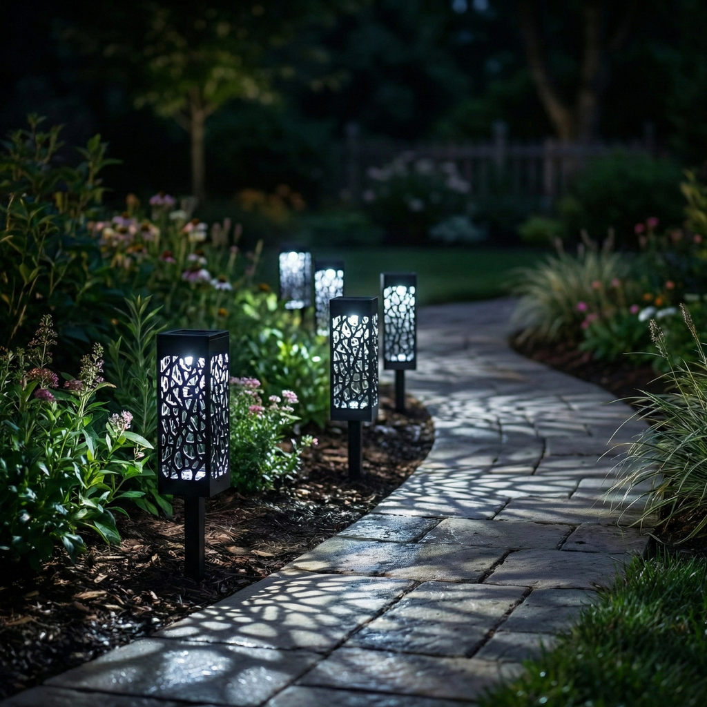 Decorative garden lights on a stone pathway at night