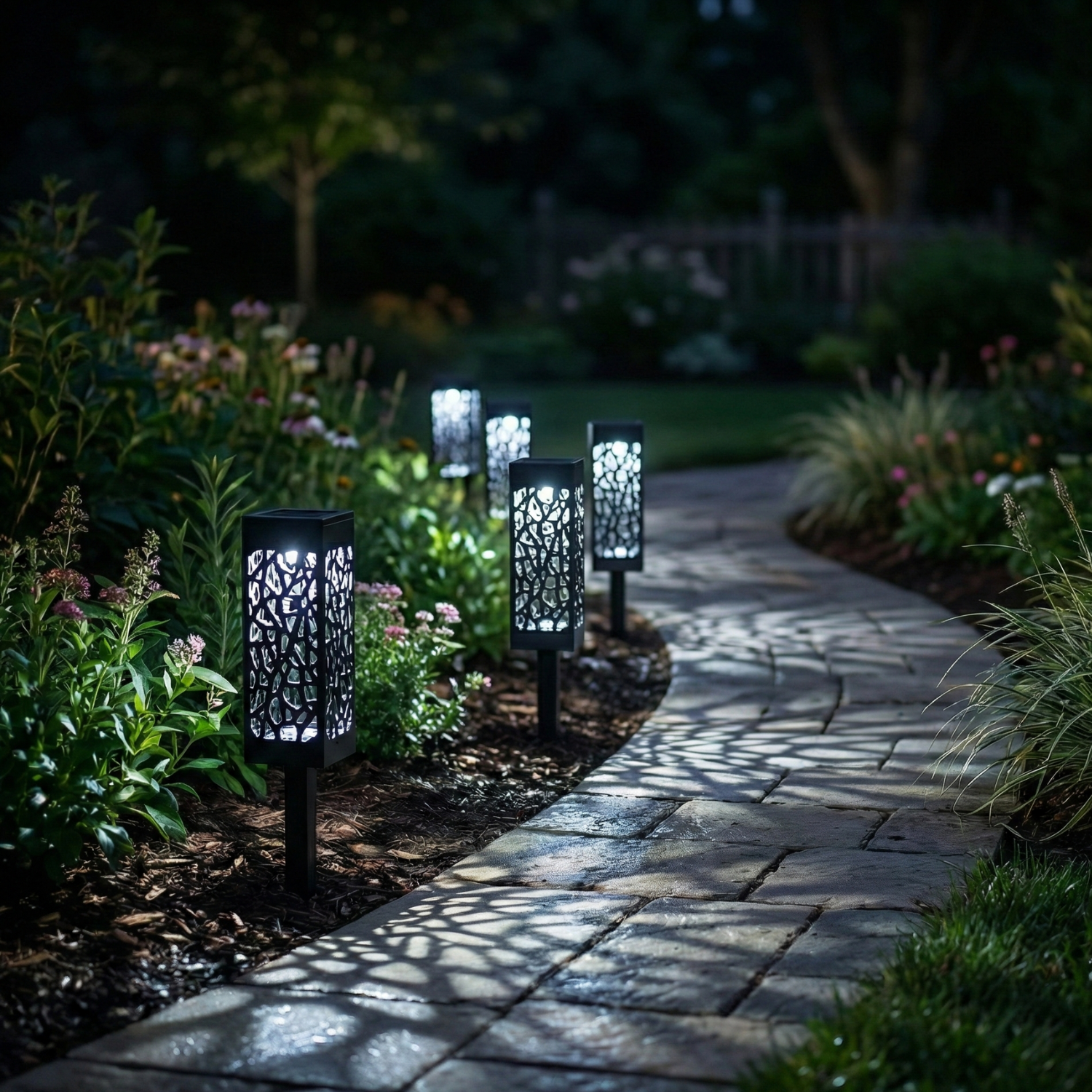Solar Garden Stake Lights with Decorative Hollow Pattern, IP44 Waterproof Outdoor Lanterns, Warm or Cool White, 1–8 Pack Pathway Landscape Lighting