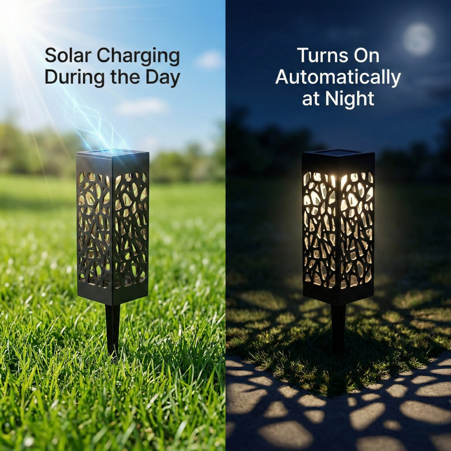 Solar-powered outdoor light on grass during the day and at night.