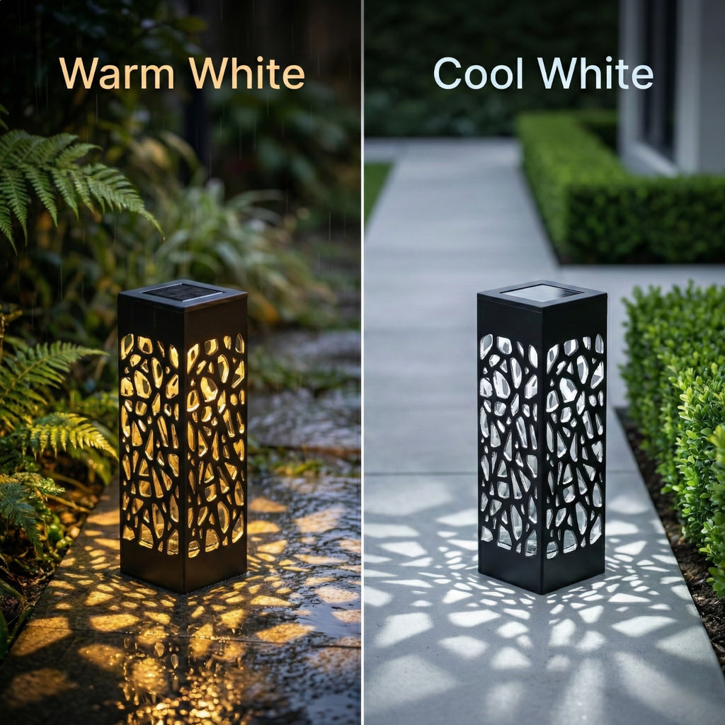 Two garden lights, one warm white and one cool white, casting different shadows on a pathway.
