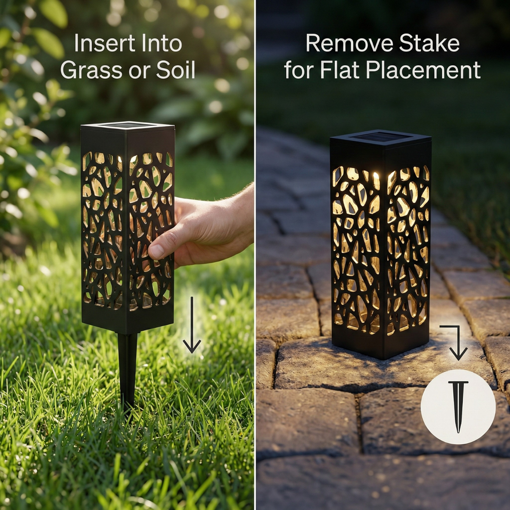 Solar garden light being inserted into grass or soil and removed for flat placement on a stone path.