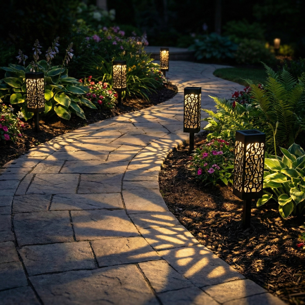 Paved garden path with decorative outdoor lights casting shadows on a stone pathway.