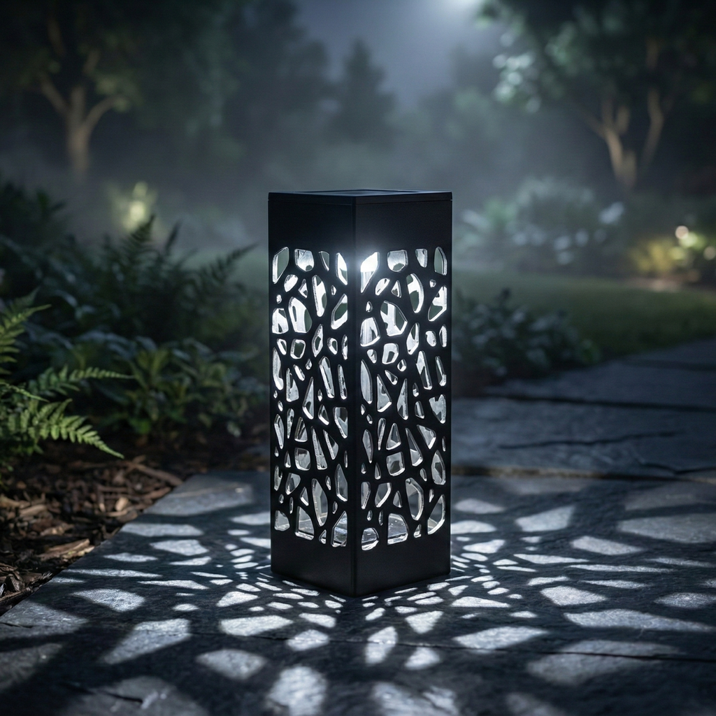 Decorative outdoor lamp casting shadows on a garden path at night.