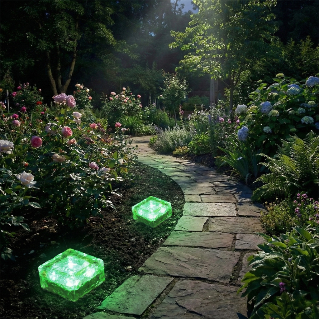 Solar ice brick path light, green glowing textured glass square