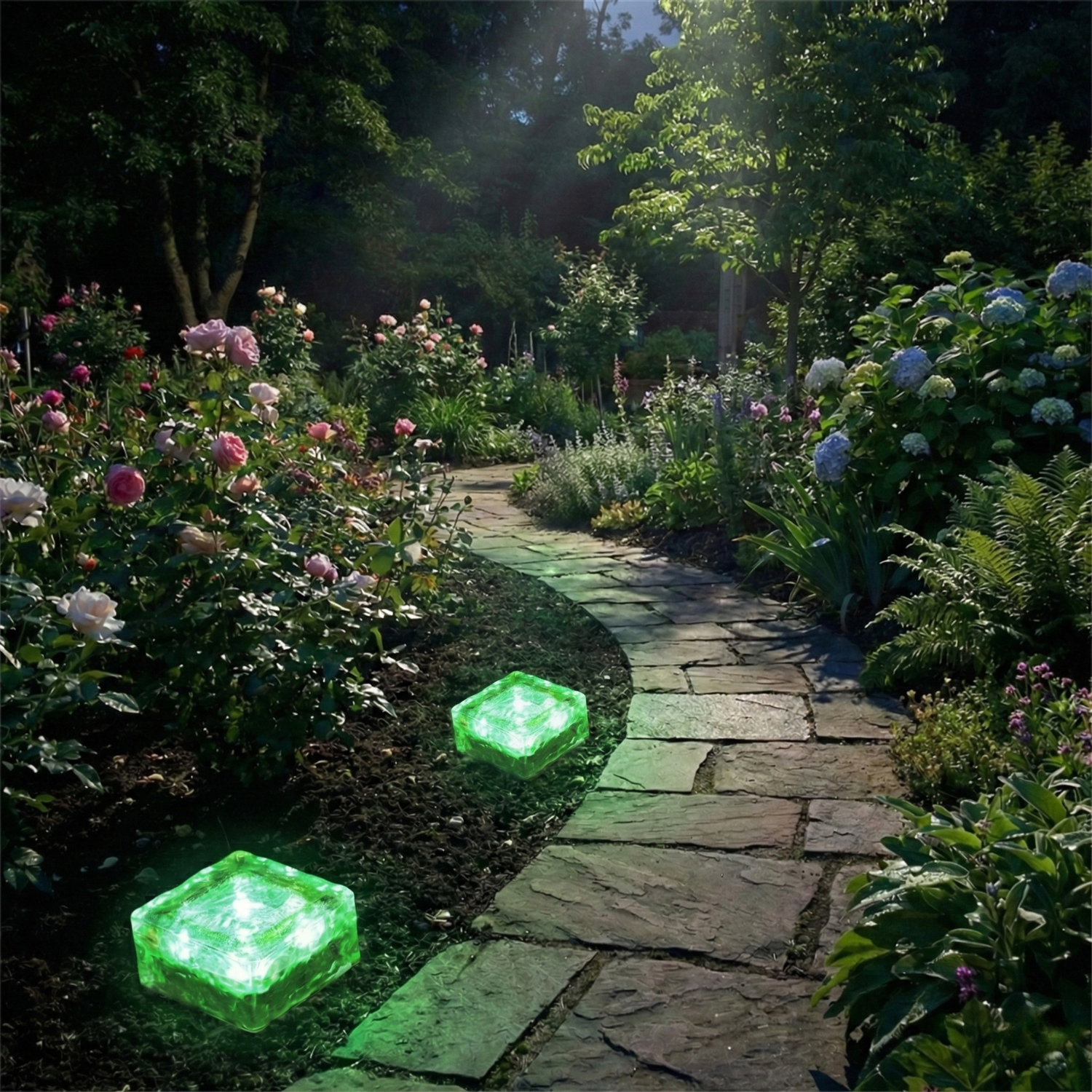 Solar ice brick path light, green glowing textured glass square