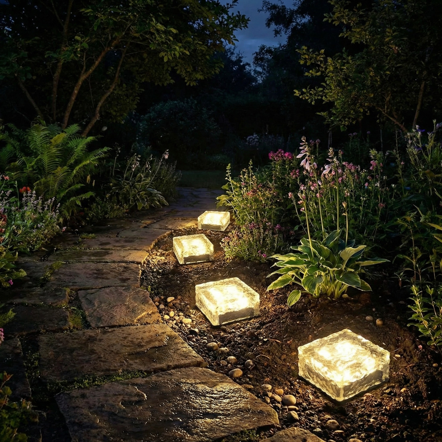 Outdoor solar brick path light, warm white glow, square ice glass cube