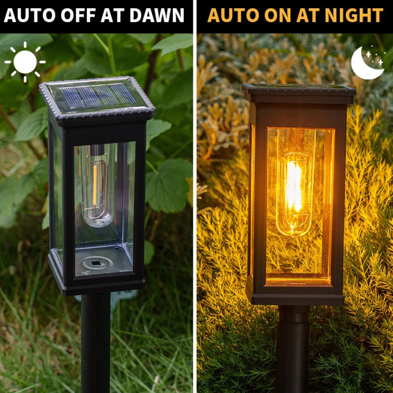 Solar-powered outdoor lamp showing auto-off at dawn and auto-on at night functionality.