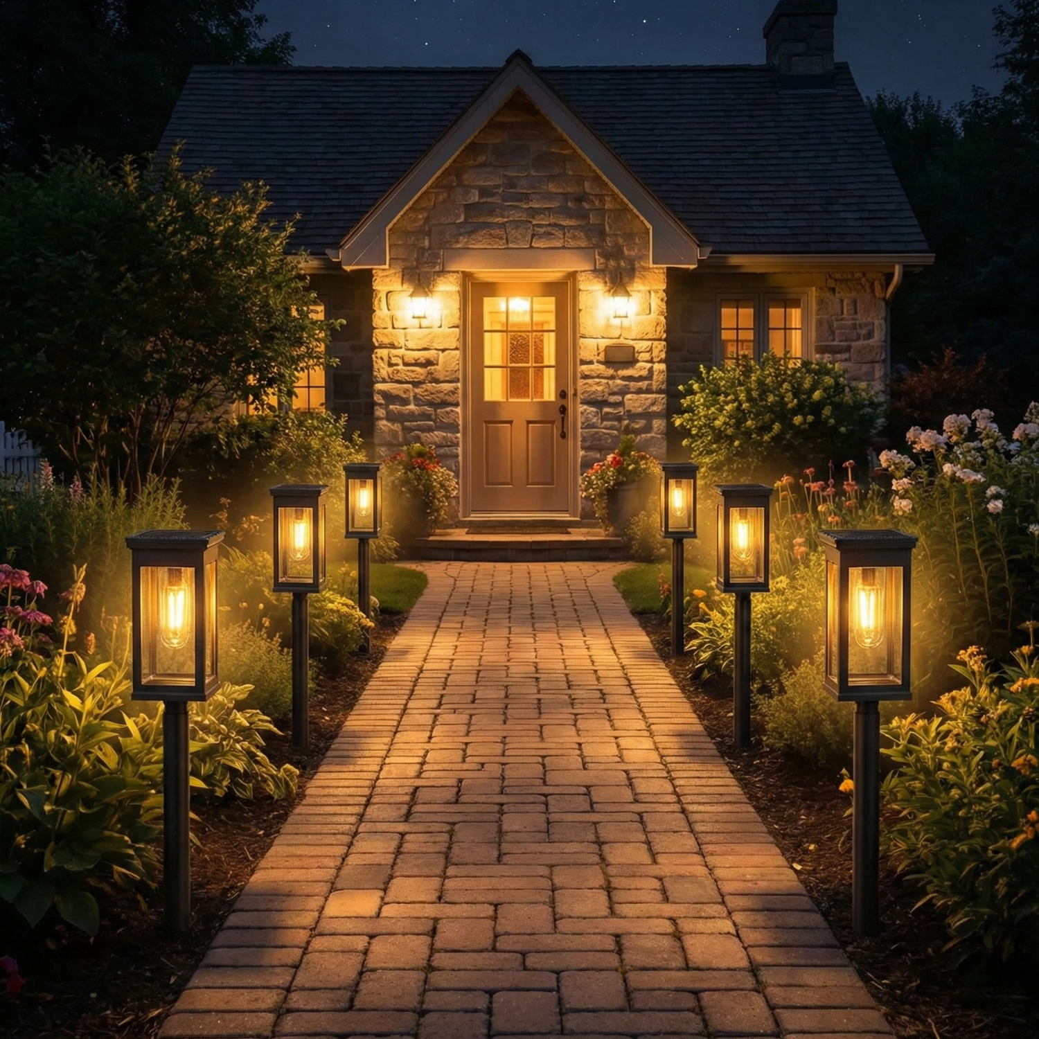 Stone house with a lit pathway and lanterns at night