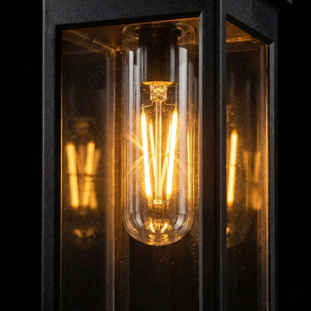 Vintage-style light bulb in a clear glass tube with a dark background