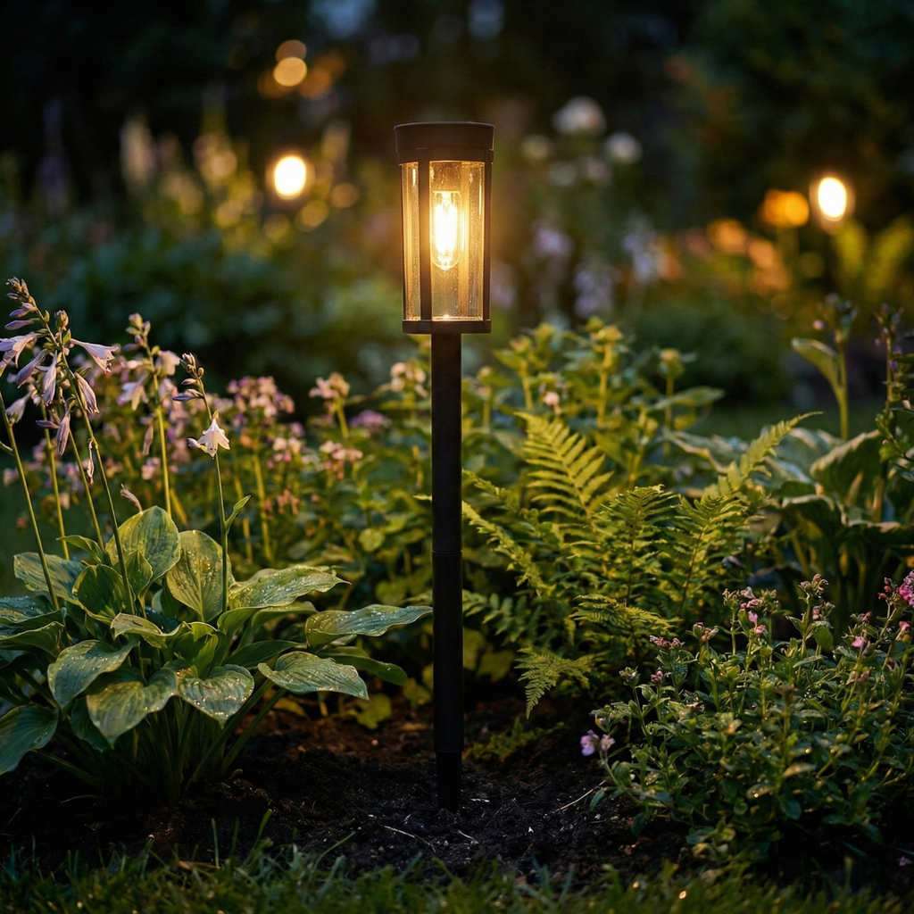 Garden light fixture illuminating a garden at night