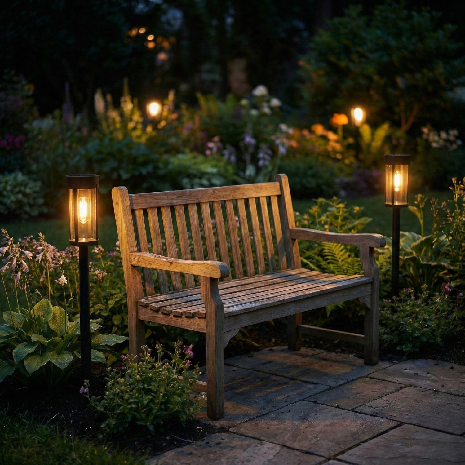 Wooden bench in a garden at night with illuminated lanterns