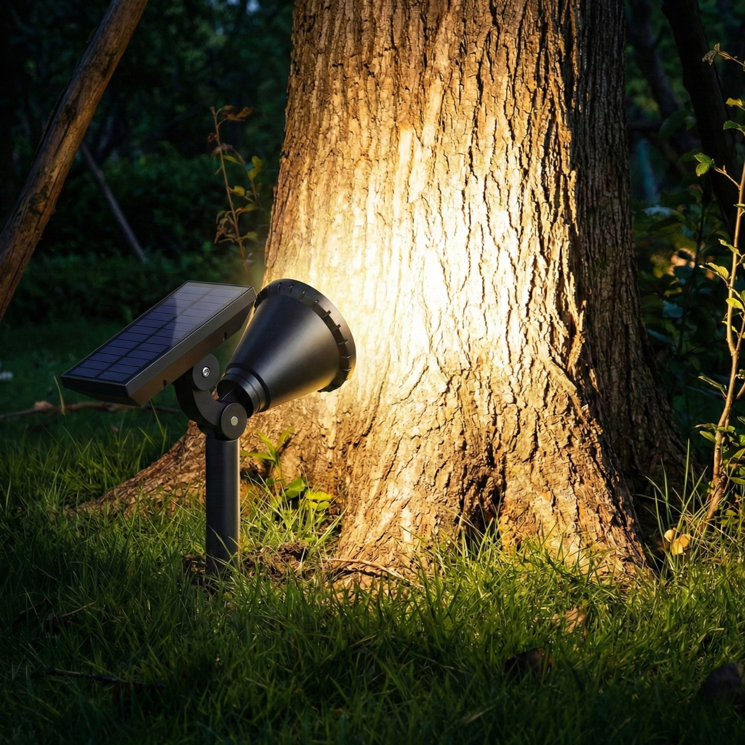 Black solar stake spotlight shining warm white light onto a tree trunk