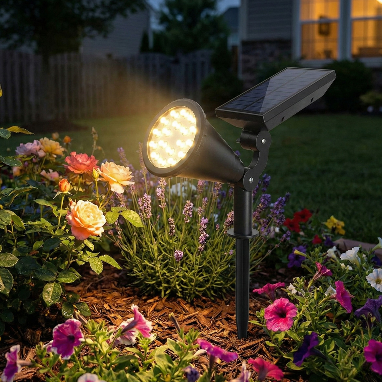 Black solar LED landscape stake light with round head, warm white glow on garden bed
