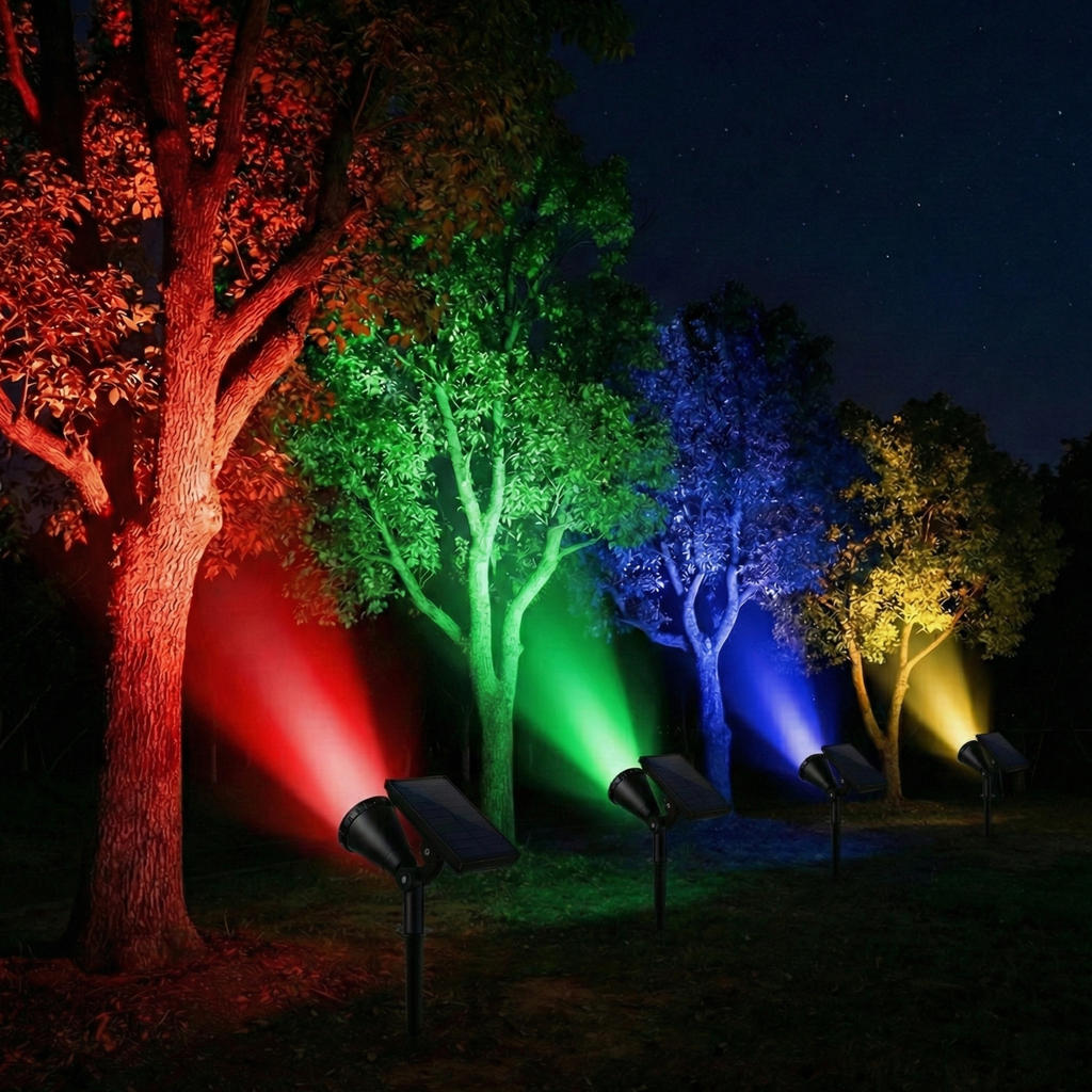 Multicolor solar landscape stake lights with changing colored beams on yard trees