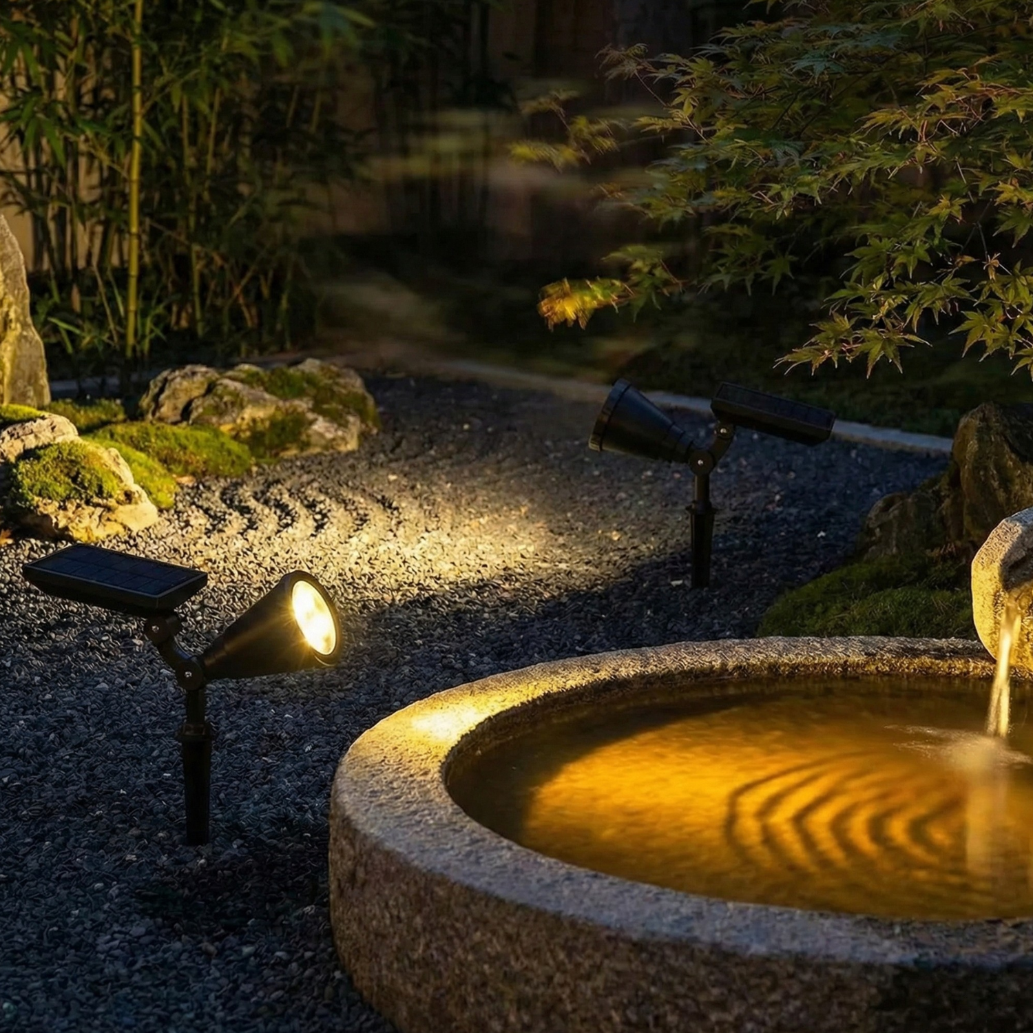 Black solar spotlight stake light projecting warm white light along a gravel path