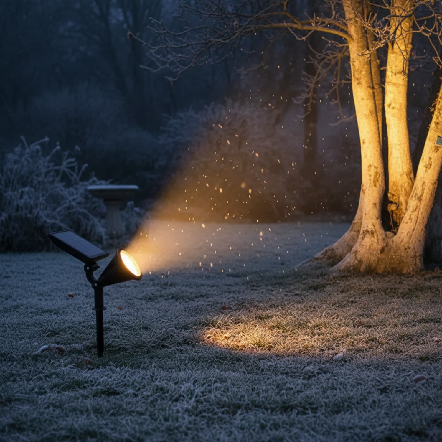 Black solar stake spotlight with round lamp head, warm white light on frosty lawn