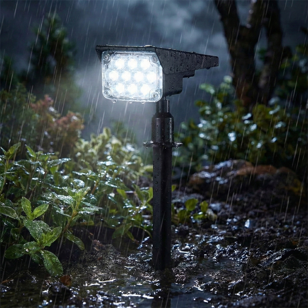 Solar spotlight stake light with 10 LEDs, cool white bright flood beam