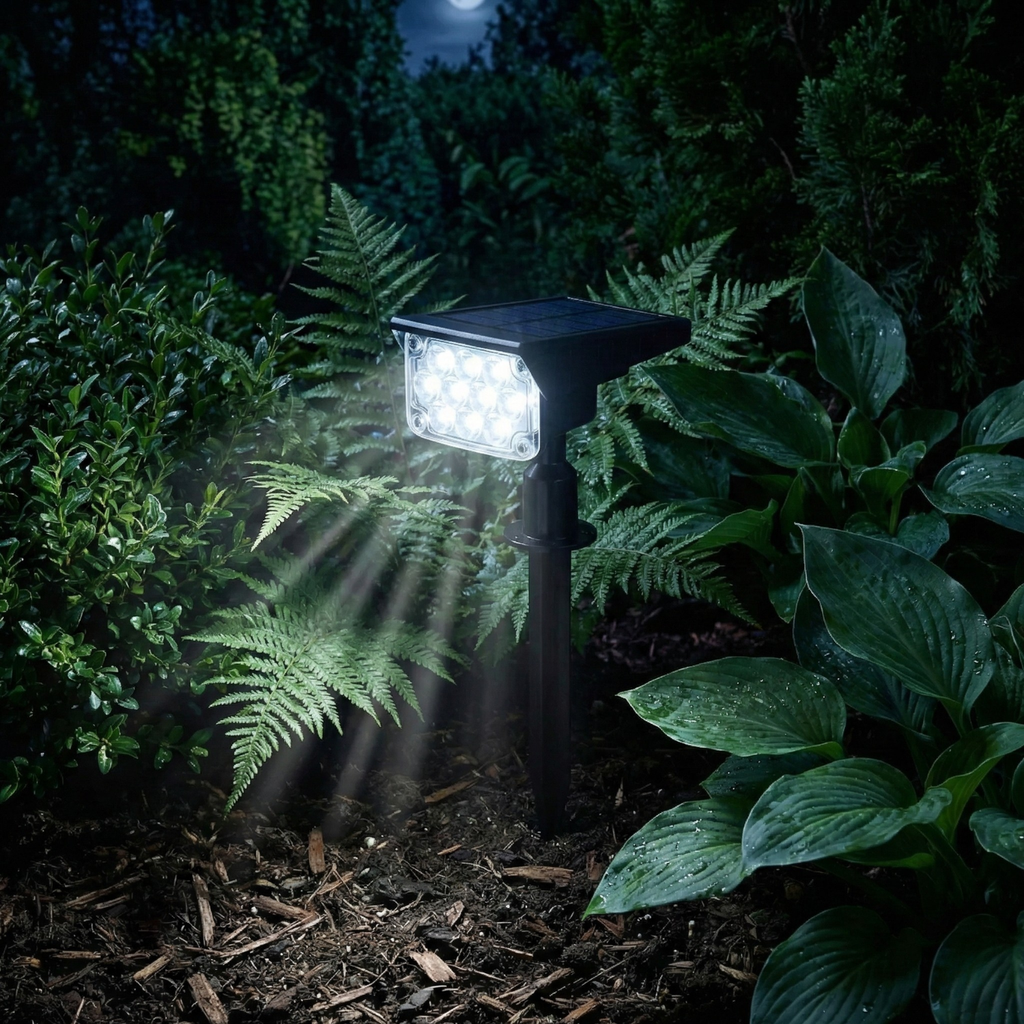 Solar spotlight stake light with 10 LEDs, cool white beam among greenery