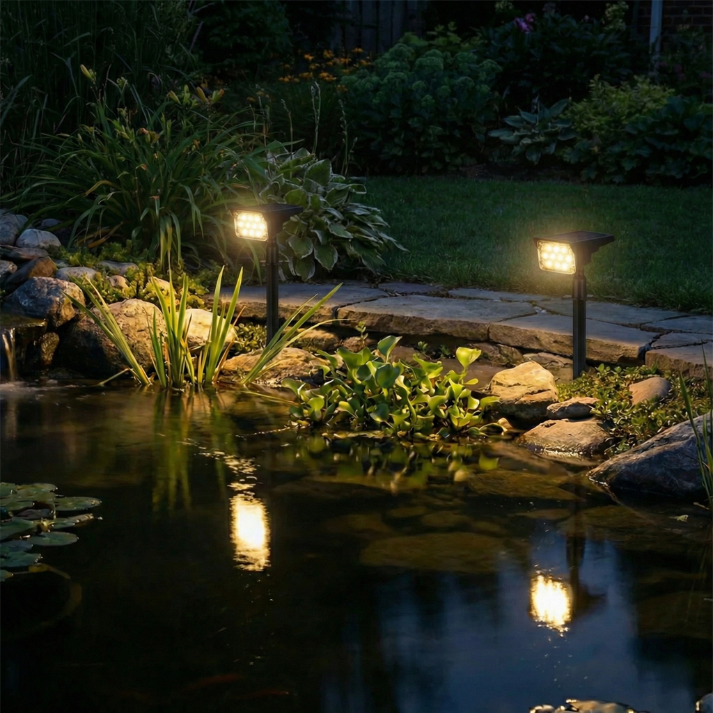 Solar spotlight stake lights with warm white glow for pond and garden path