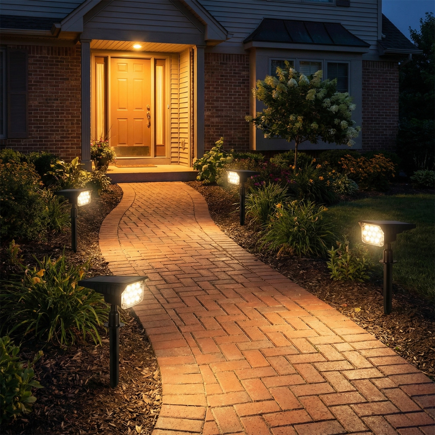 Solar spotlight stake lights (4-pack) lining a walkway with warm white glow